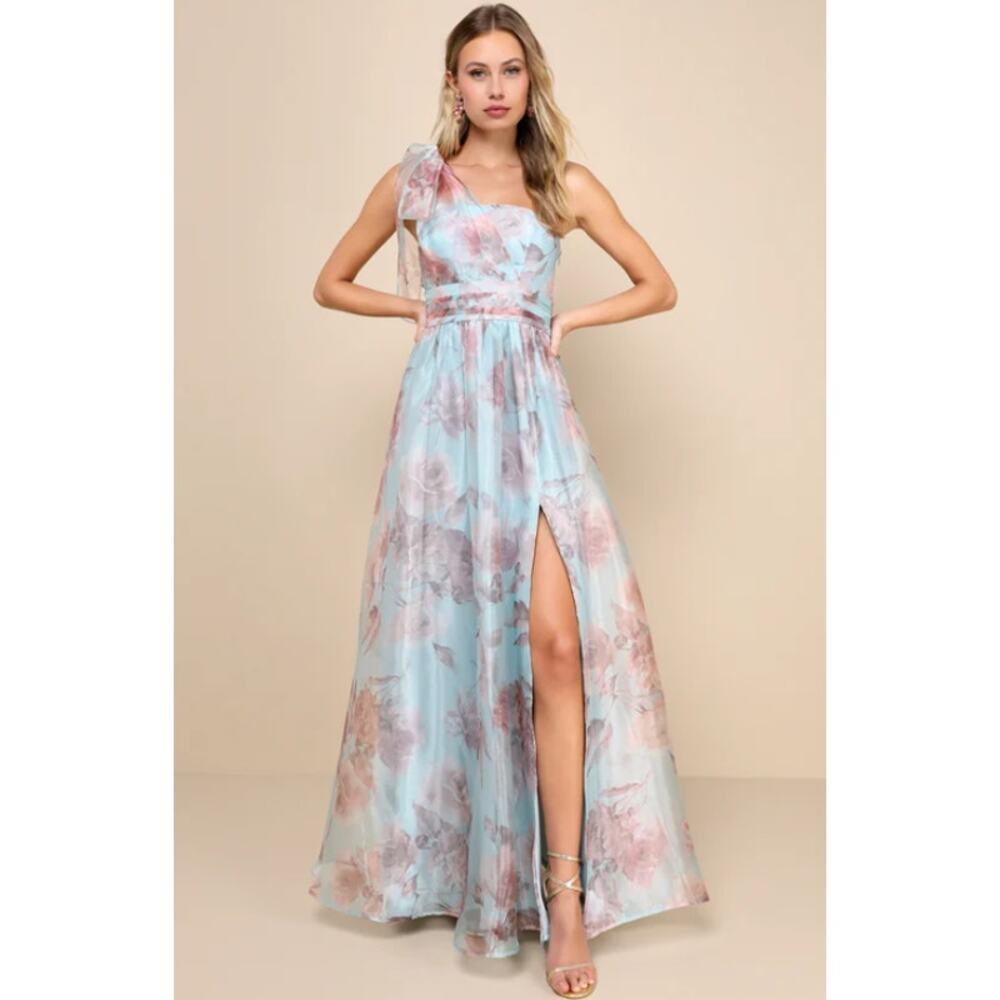 Lulu's Powder Blue & Blush Floral One-Shoulder Maxi Dress